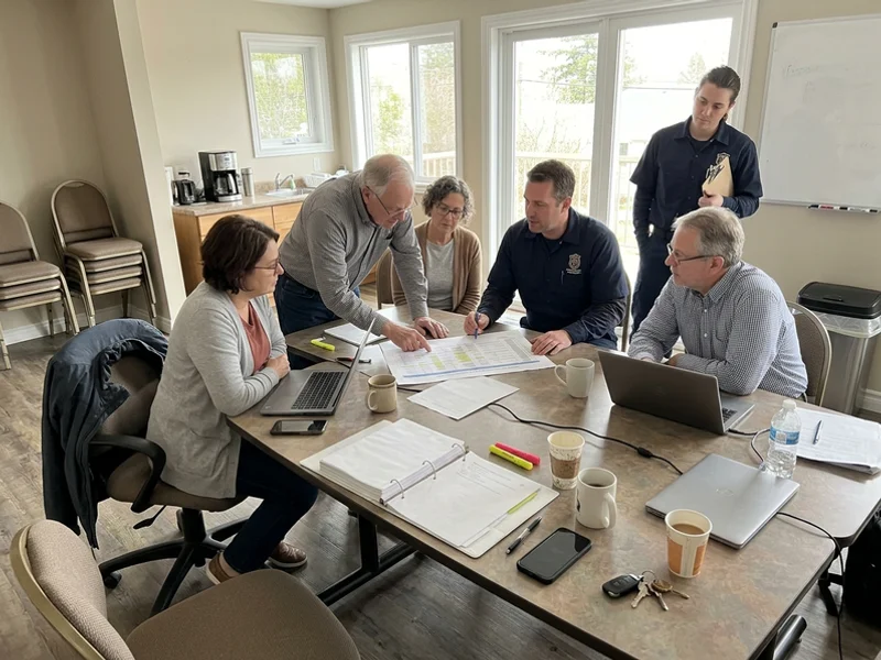 Board members and an operations manager reviewing the annual maintenance report