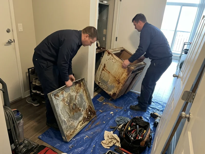 Corroded galvanized fan coil pan pulled for replacement