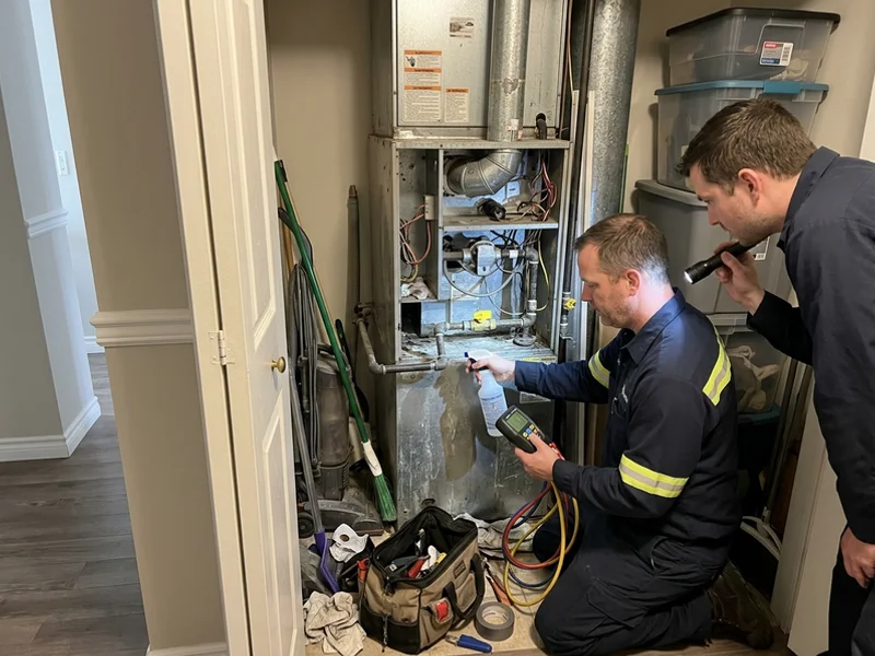 Gas technician leak testing a Magic-Pak gas connection