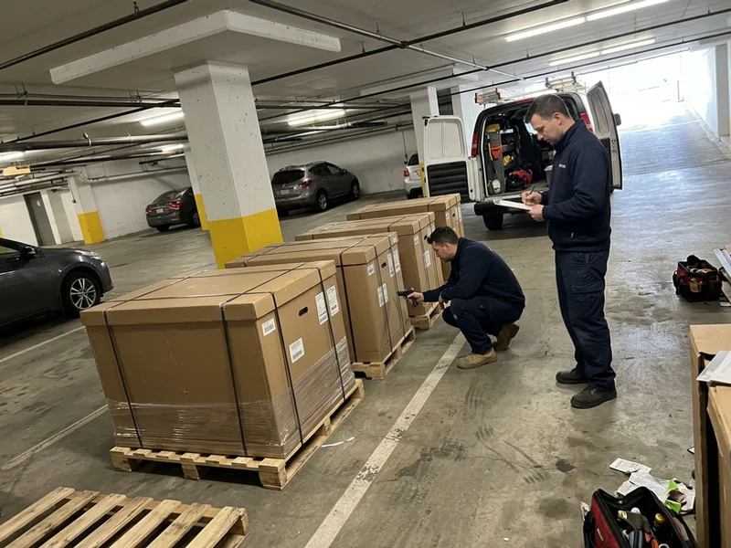 Row of new replacement fan coil units staged on pallets in a mechanical room