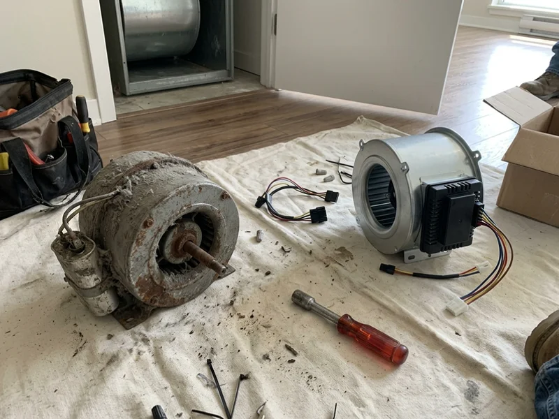 Seized PSC blower motor next to a new ECM motor