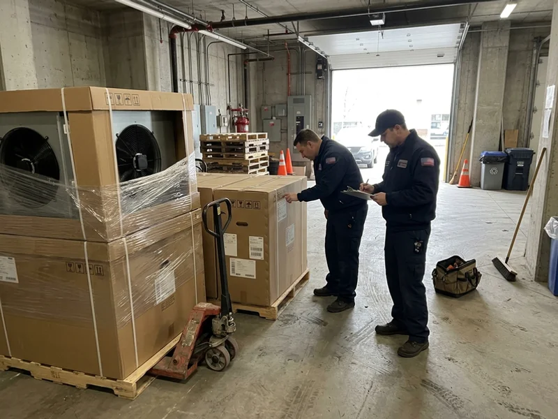 Stack of new fan coil units with ECM motors staged for a building-wide swap