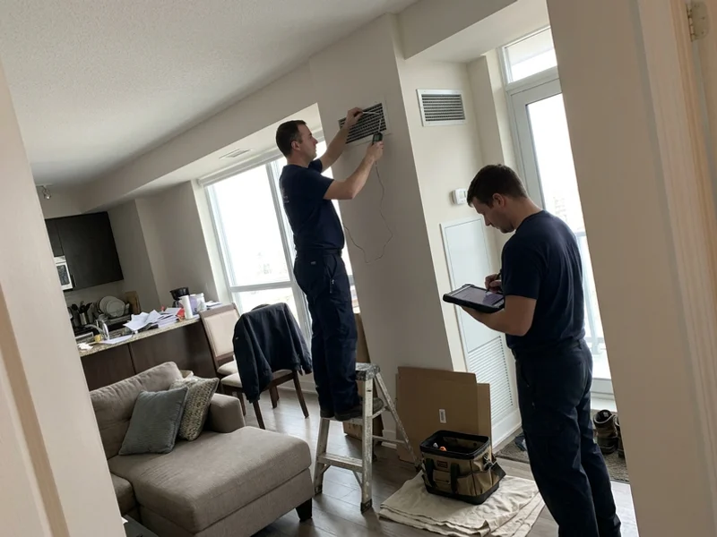 Technician commissioning a new fan coil with a thermal imager and digital manifold
