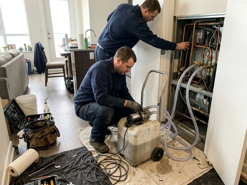 Technician flushing a fan coil with a descaling pump during annual service