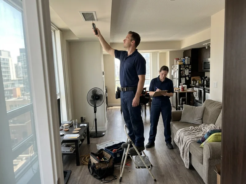 Technician measuring supply air temperature at a condo fan coil during annual service
