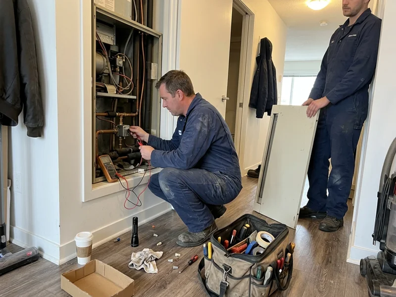 Technician testing a motorized zone valve actuator on a condo fan coil