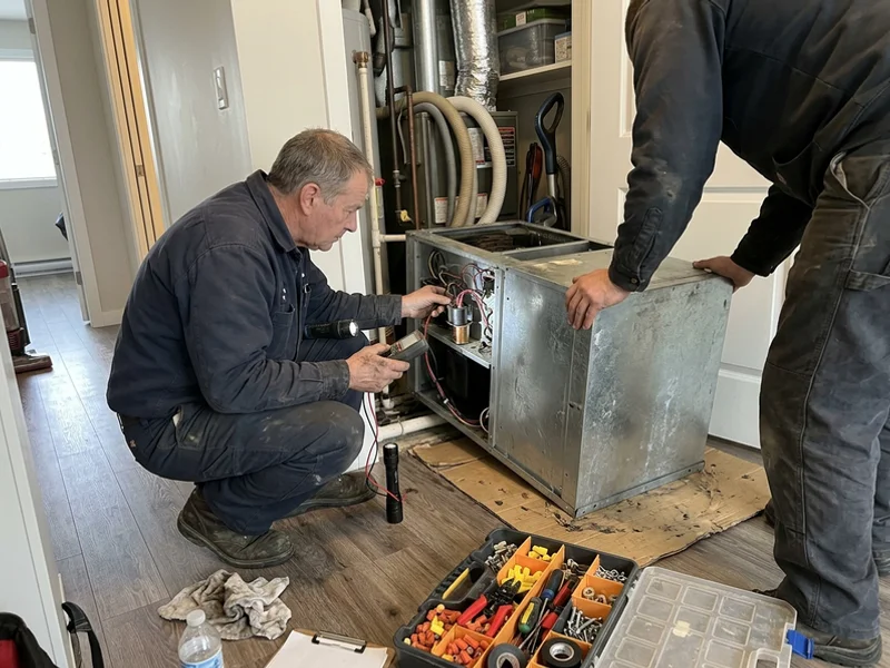 Technician testing a reversing valve solenoid on a heat pump chassis