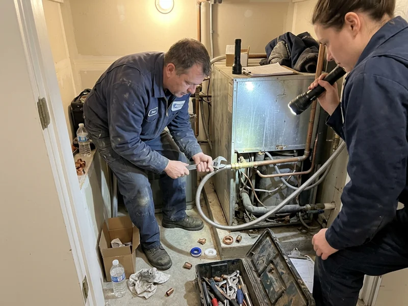 Technicians installing braided stainless hoses on a new heat pump chassis