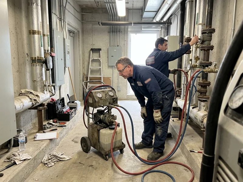 Technicians at a riser flush cart in a Scarborough tower mechanical room