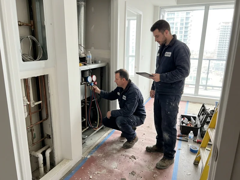 Technicians commissioning new heat pumps with refrigerant gauges