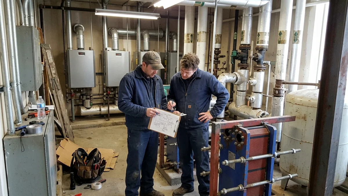 Condo mechanical room with heat exchanger, expansion tank and riser headers