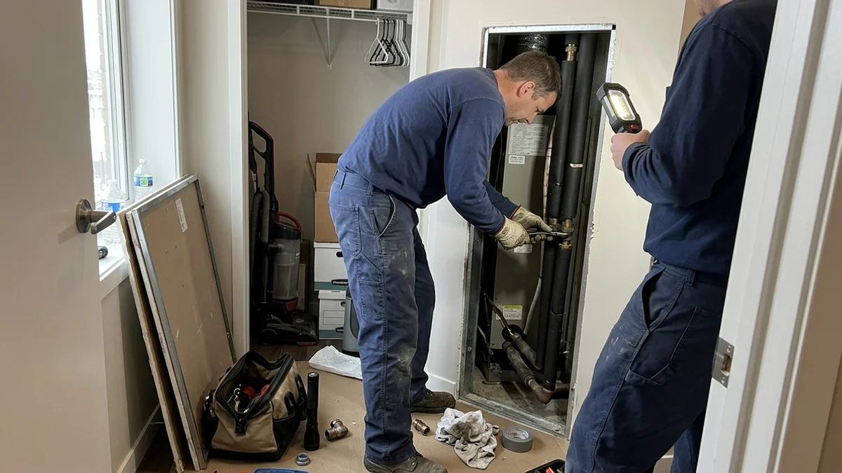 Vertical fan coil connected to building supply and return risers in a condo closet