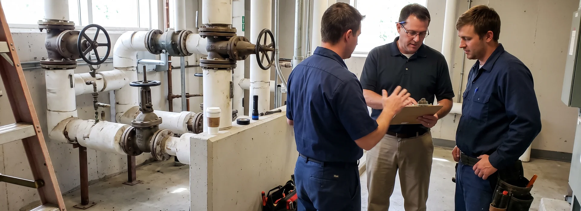 HVAC crew and building superintendent reviewing the annual service plan on-site