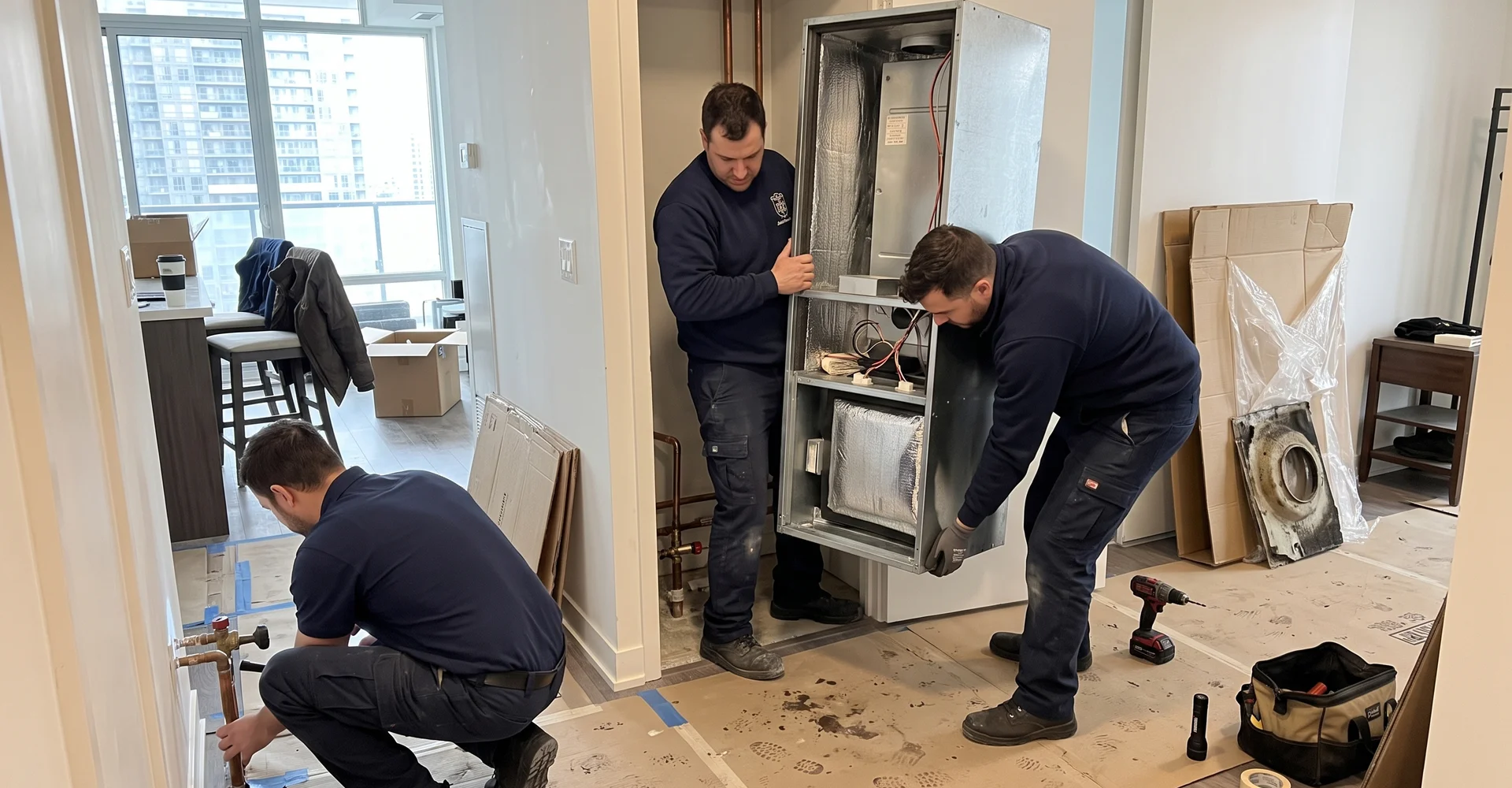 Crew installing a new vertical fan coil during a building-wide condo replacement in Toronto