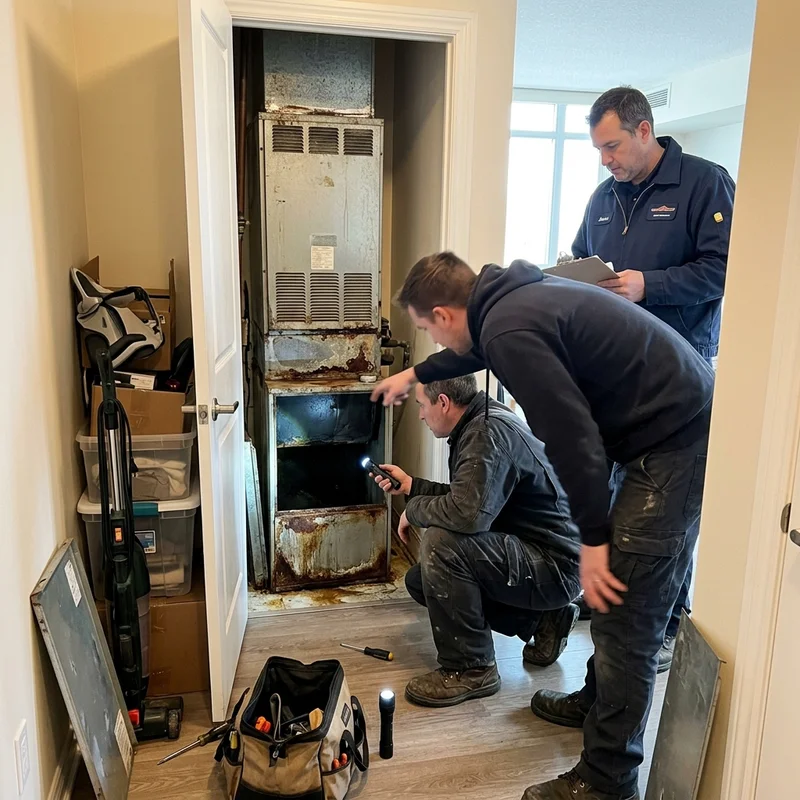 Oakville operations manager with technicians inspecting a corroded fan coil