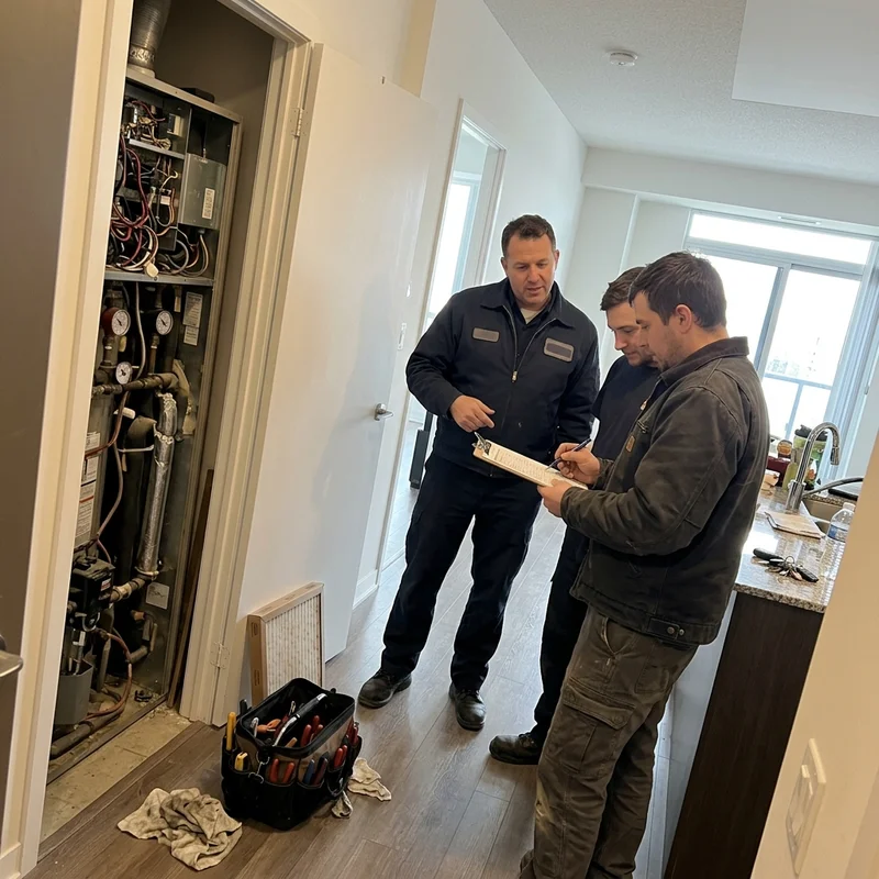 Markham operations manager with technicians beside a Trane heat pump
