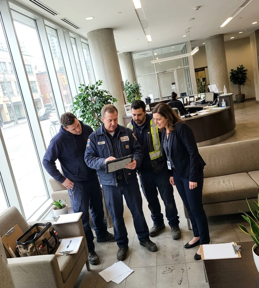 Operations manager and two technicians reviewing an annual maintenance schedule in a Toronto condo mechanical room