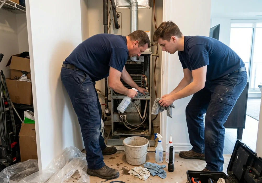 Technicians cleaning a fan coil liner and drain pan in an Oakville condo