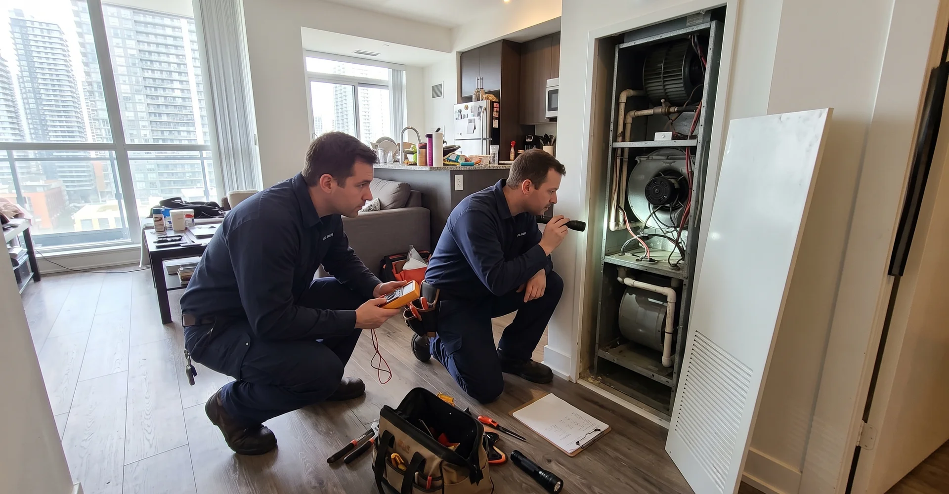 Two technicians diagnosing an open vertical fan coil closet in a Toronto high-rise condo suite