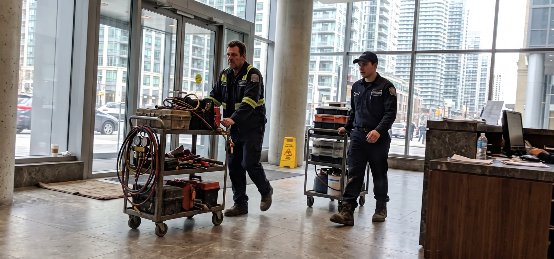 Technicians with tool carts in a Downtown Toronto condo lobby