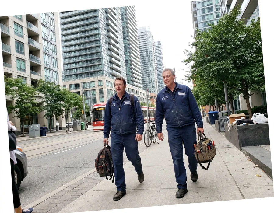 Two technicians walking past Toronto condo towers on the way to a service call