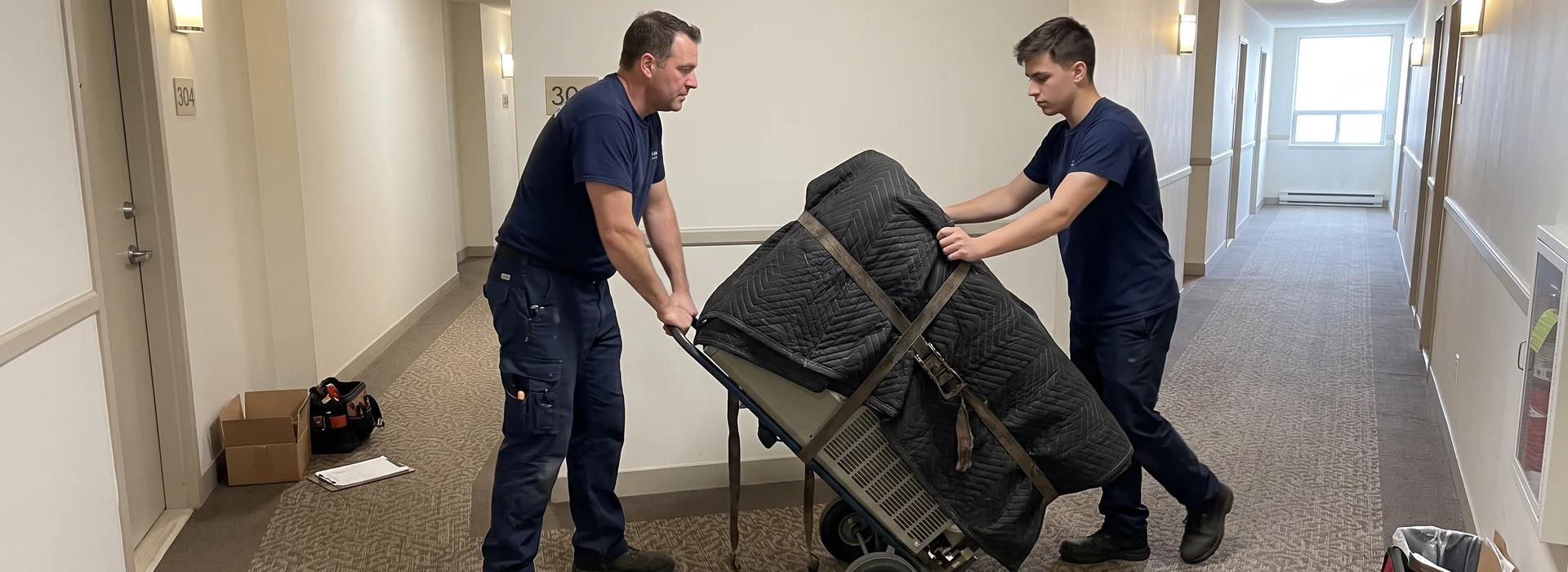 Two technicians wheeling a new heat pump chassis down a Toronto condo corridor