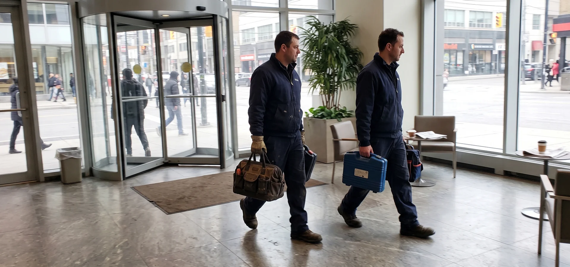 Technicians entering a North York City Centre condo tower with heat pump tools