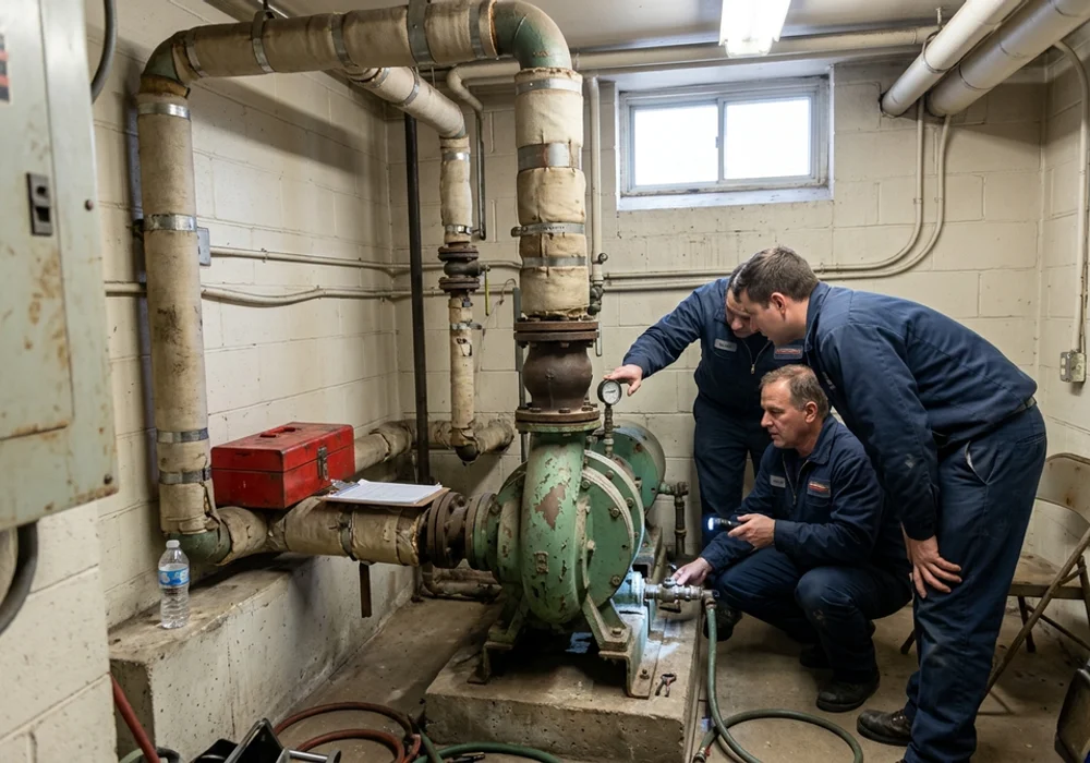 Technicians inspecting a primary pump in a Scarborough Centre mechanical room
