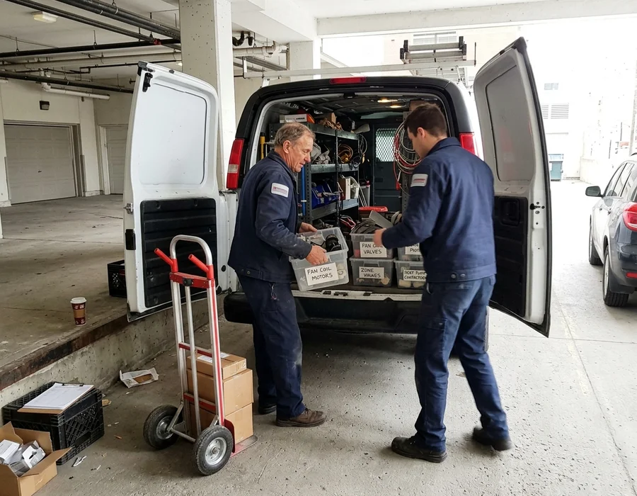 Technicians loading condo HVAC parts into a service van at a Toronto loading dock