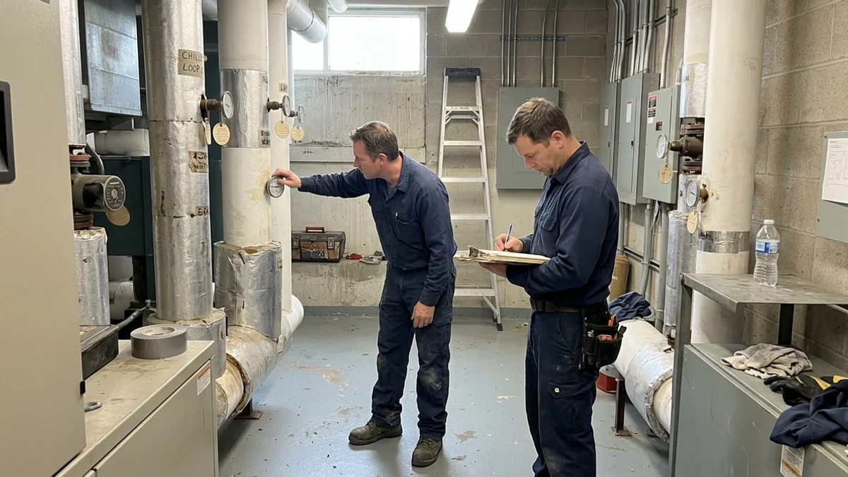 Technicians reading chilled water supply gauges on a condo mechanical floor