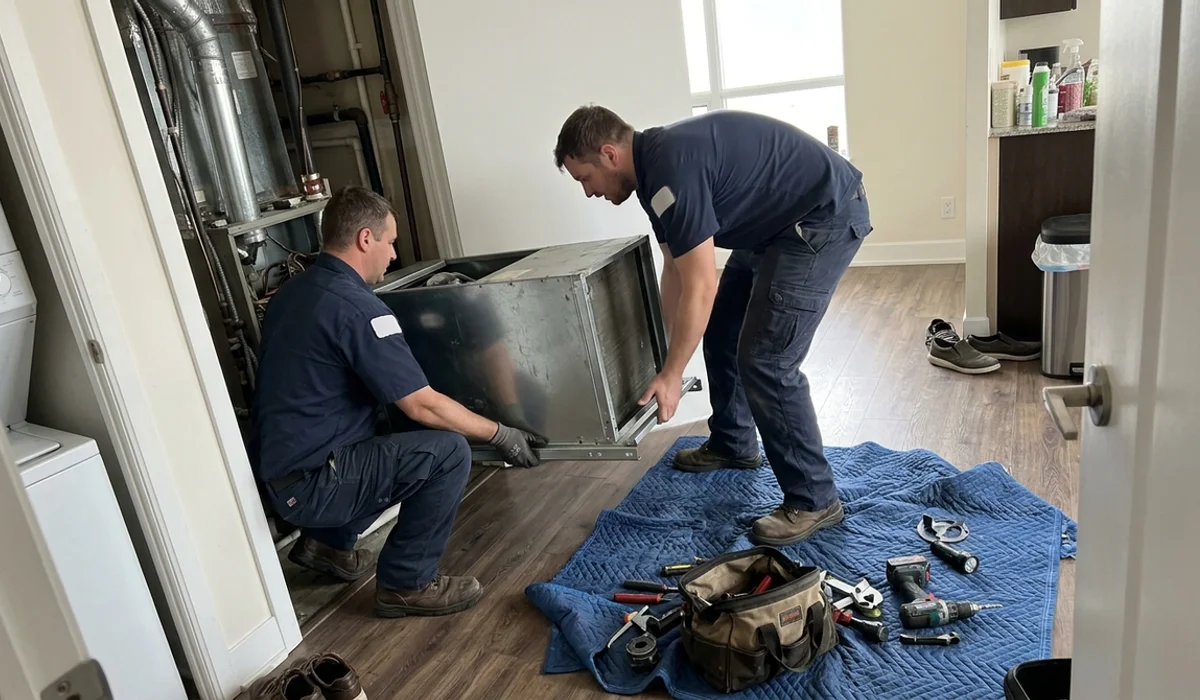 Technicians sliding a Trane water-source heat pump chassis out of a condo closet in Markham