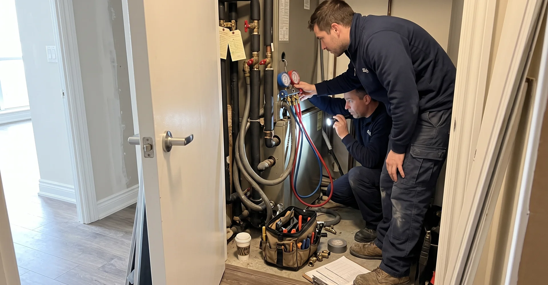 Two technicians with refrigerant gauges on a water-source heat pump in a North York condo closet