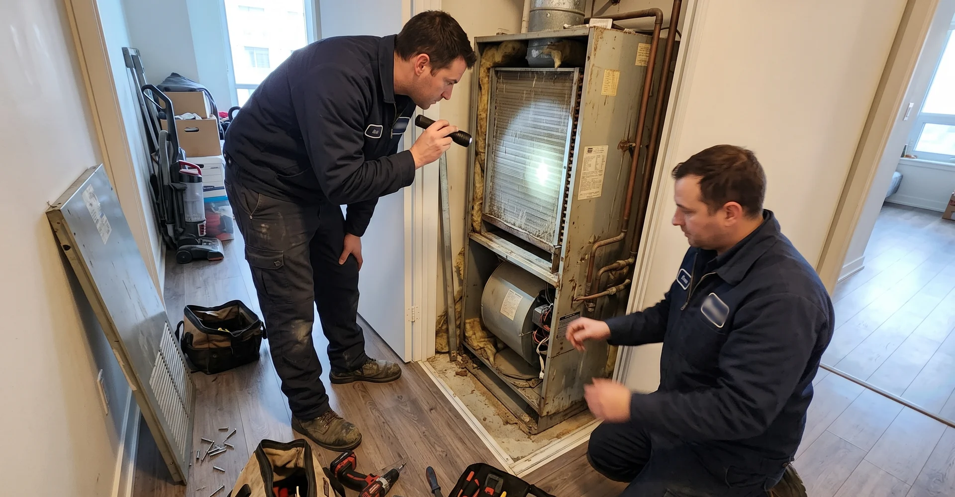 Two technicians inspecting an open McQuay vertical fan coil in a Toronto condo closet